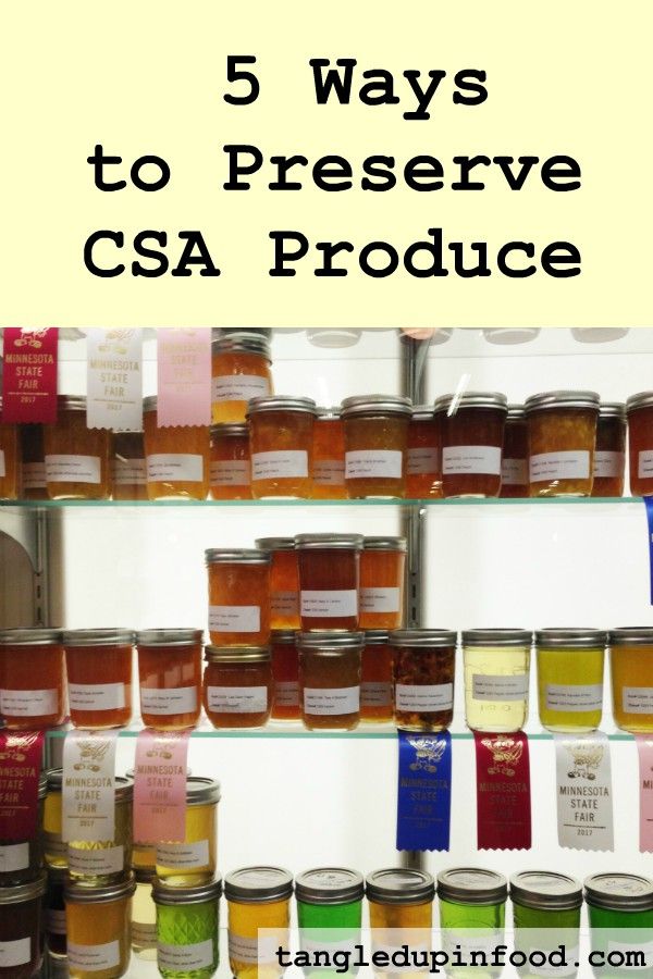 Shelves of jams and jellies with text reading "5 ways to preserve CSA produce"