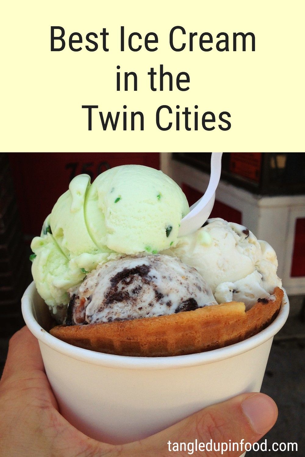 Waffle bowl with small scoops of ice cream and text reading "Best Ice Cream in the Twin Cities"