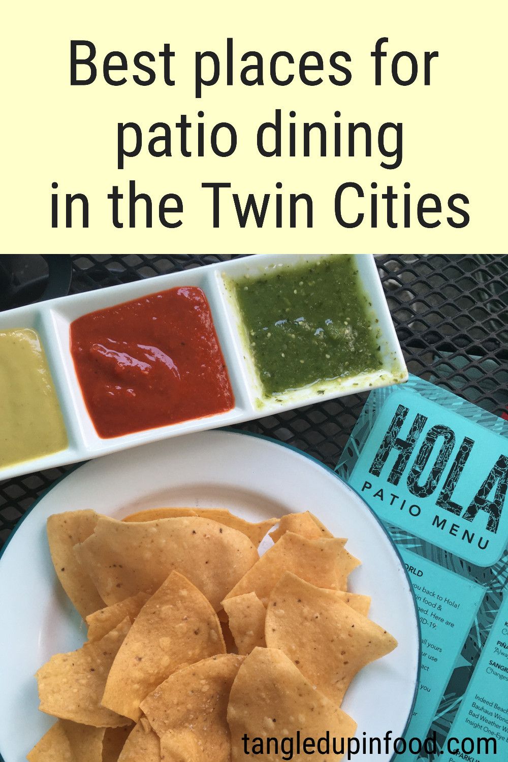 Chips and salsa with text reading "Best Places for Patio Dining in the Twin Cities"
