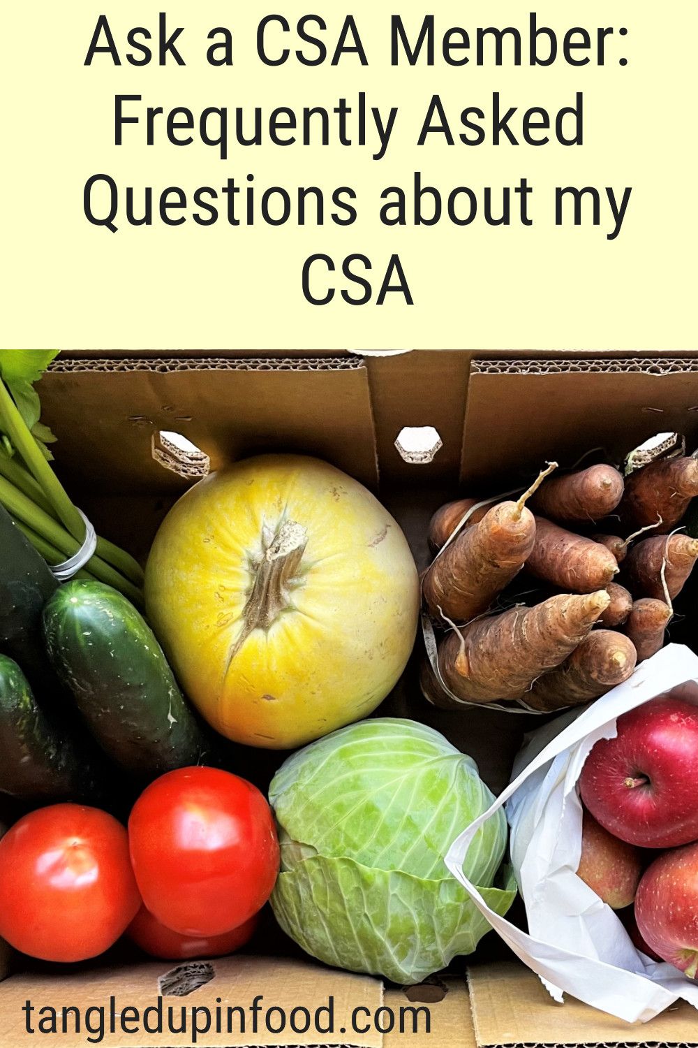 Box of produce with text reading "Ask a CSA member: frequently asked questions about my CSA"