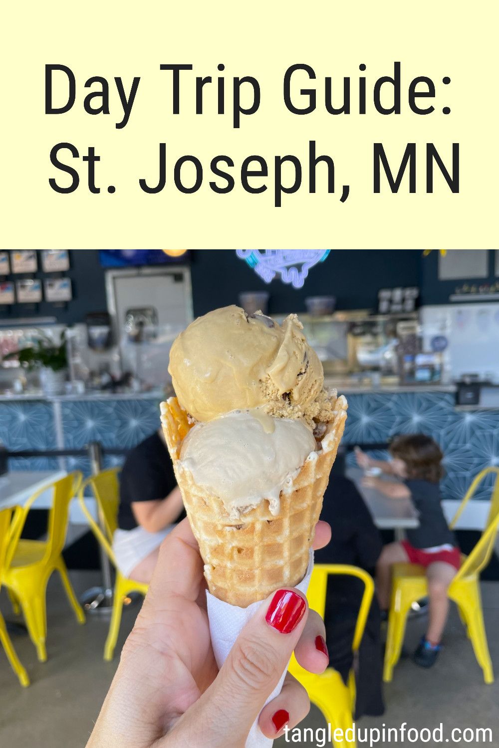 Hand holding ice cream cone and text reading "Day Trip Guide: St. Joseph, MN"