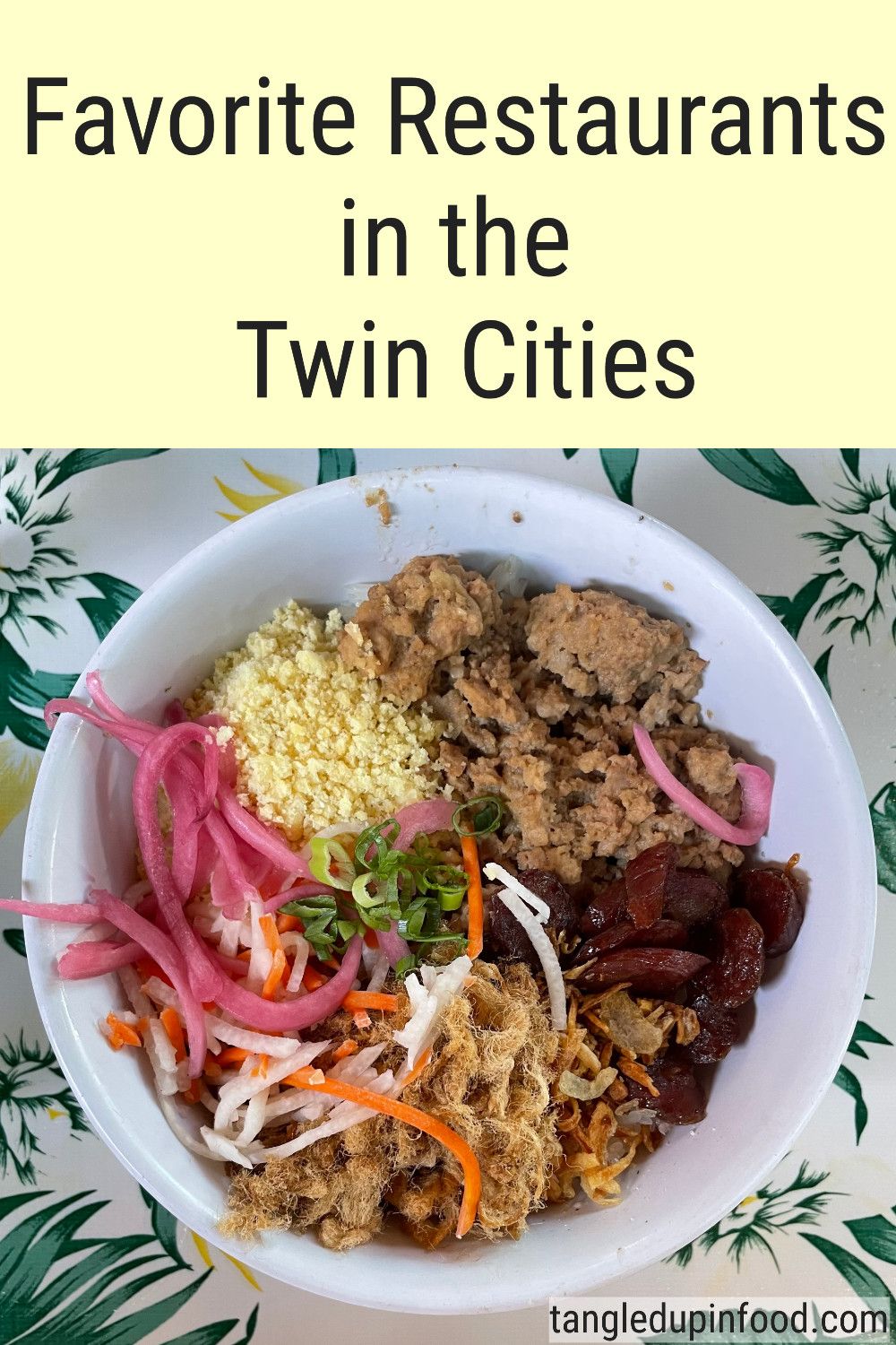 Photo of a rice bowl with text reading "Favorite Restaurants in the Twin Cities"
