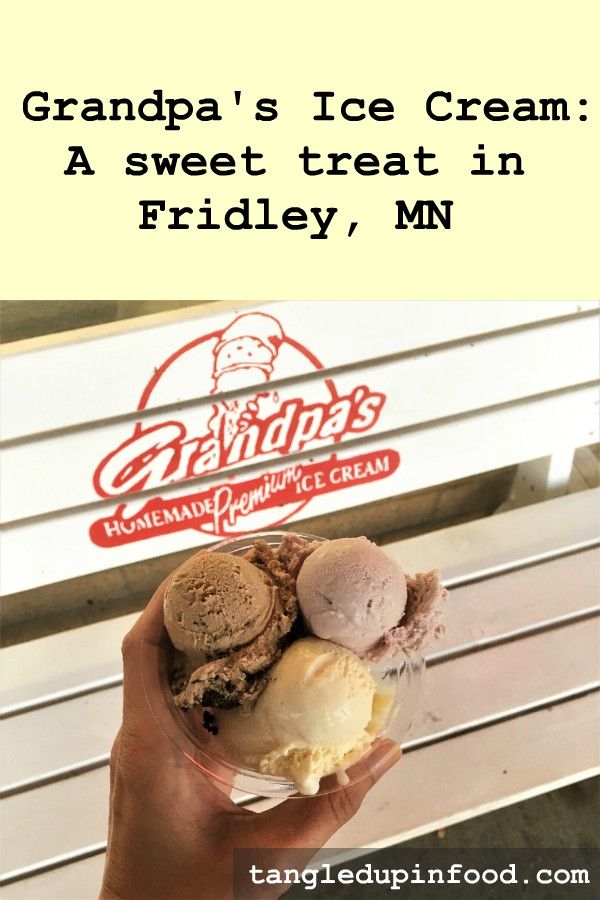 Hand holding plastic bowl with three small scoops of ice cream and text reading "Grandpa's Ice Cream: A sweet treat in Fridley, MN"