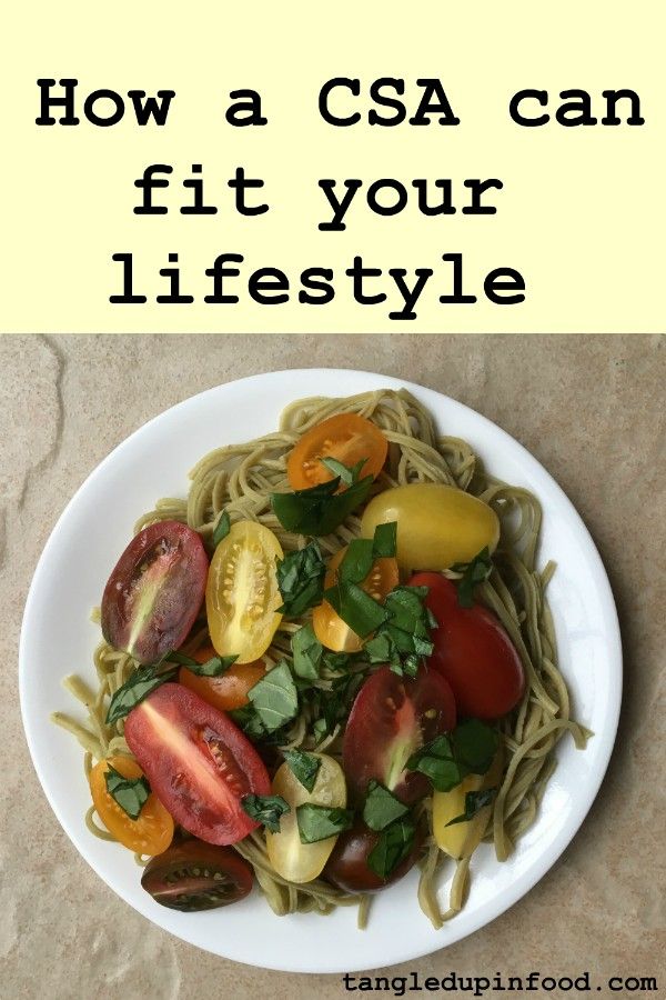 Plate of pasta topped with cherry tomatoes and text reading "How a CSA can fit your lifestyle"