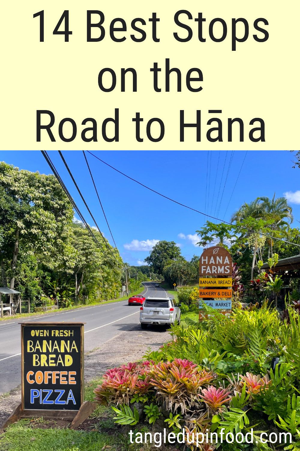 Photo of a roadside Hana Farms stand with text reading "14 Best Stops on the Road to Hana"