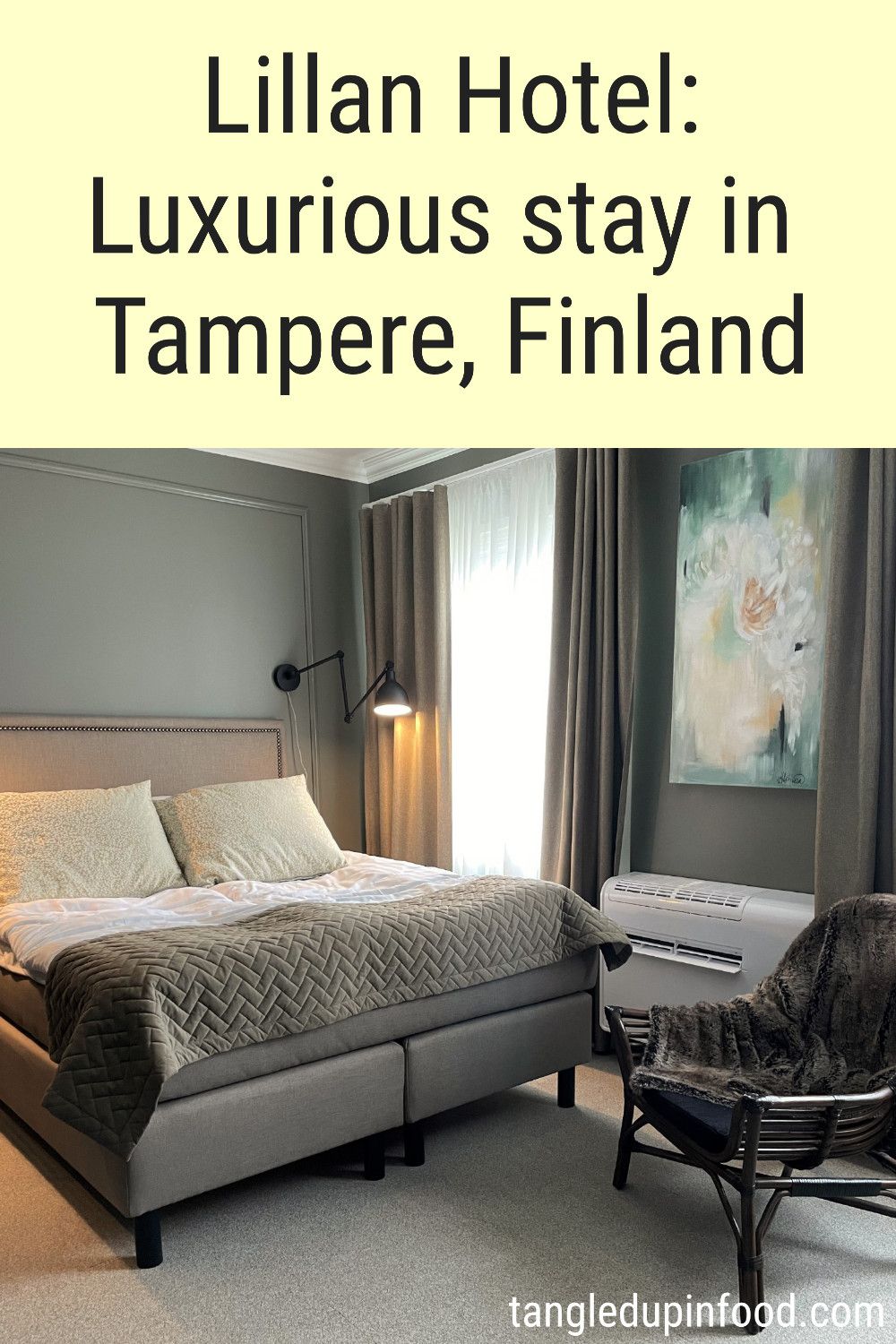 Photo of hotel room and text reading "Lillan Hotel: Luxurious Stay in Tampere, Finland"