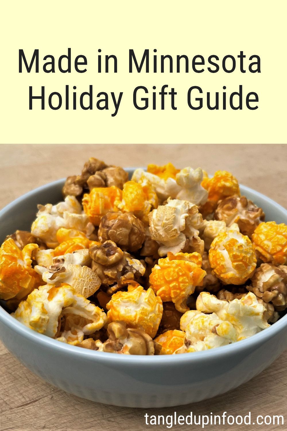 Bowl of popcorn with text reading "Made in Minnesota Holiday Gift Guide"