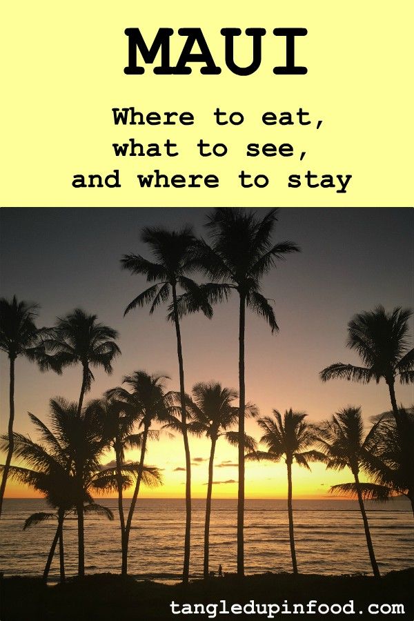 Sunset over ocean with palm trees and text reading "Maui where to eat, what to see, and where to stay"