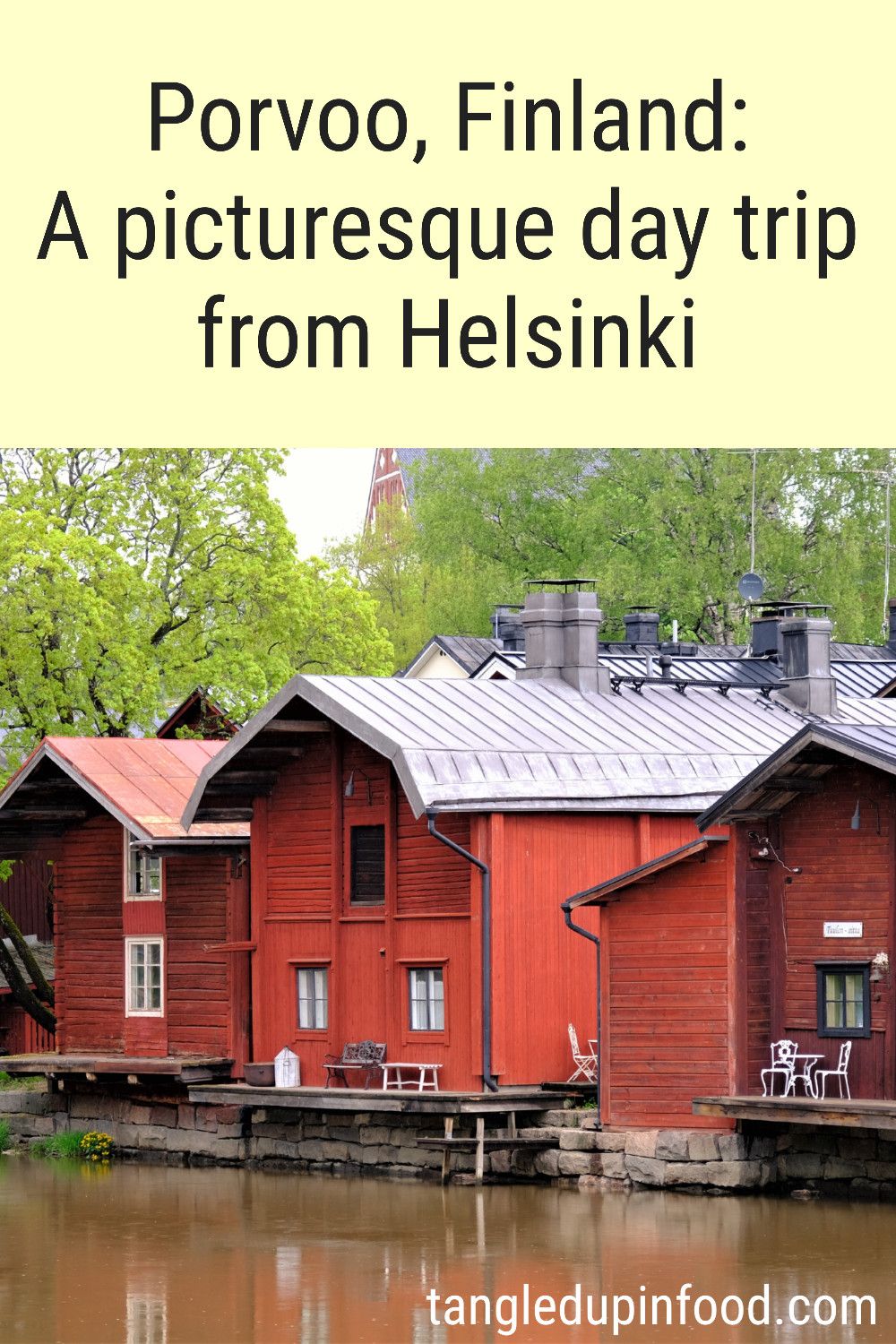 Picture of red wooden houses along a river with text reading "Porvoo, Finland: A picturesque day trip from Helsinki"
