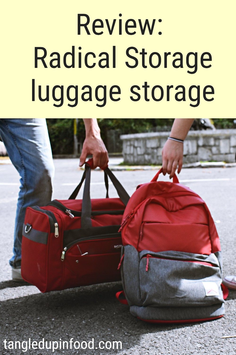 Hands holding duffel bag and backpack with text reading "Review: Radical Storage luggage storage"