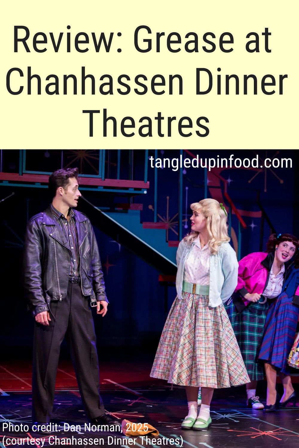 Photo of man in leather jacket and woman in full skirt with text reading "Review: Grease at Chanhassen Dinner Theatres"