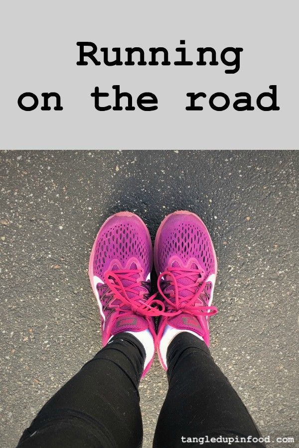 Stacy's feet in magenta running shoes with text reading "Running on the road" Pinterest Image