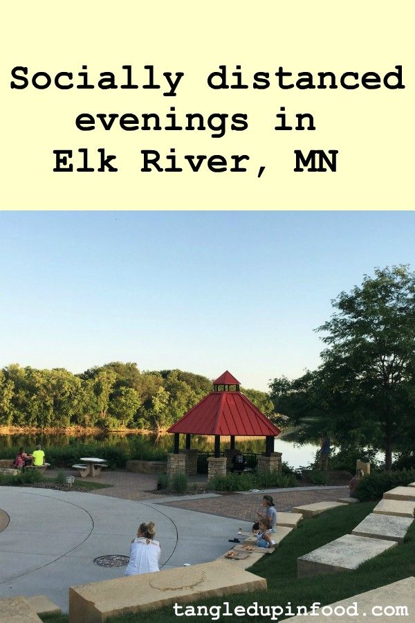 Rivers Edge Common Park with Mississippi River in background and text reading "Socially Distanced Evenings in Elk River, MN"