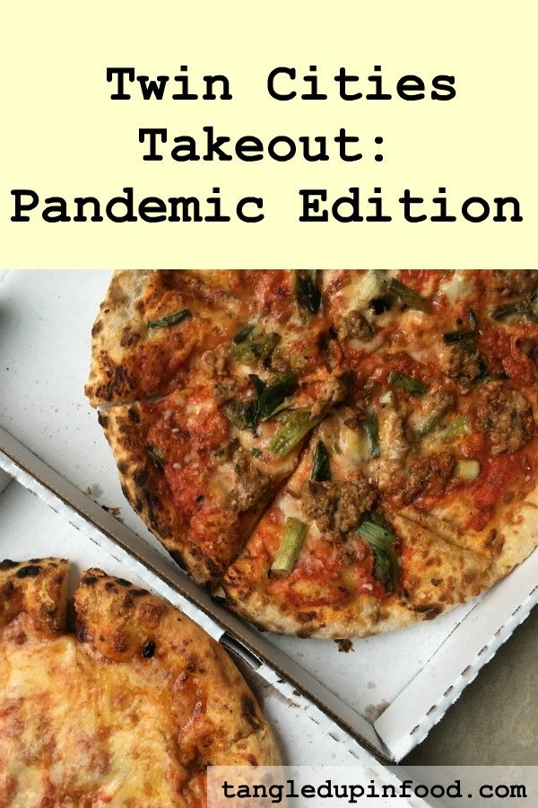 Pizzas in boxes with text reading "Twin Cities Takeout: Pandemic Edition"
