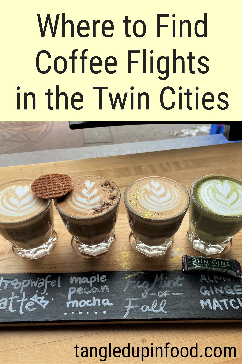 Photo of coffee flight and text reading "Where to Find Coffee Flights in the Twin Cities"