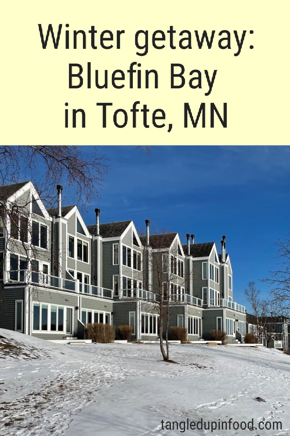 Row of lakeside townhomes with text reading "Winter getaway: Bluefin Bay in Tofte, MN"