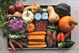 Colorful fall produce arranged on a sheet pan