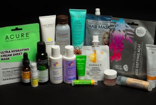 Assortment of sample-sized beauty products