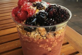 Acai bowl topped with granola, fresh berries, shredded coconut, and a drizzle of honey, Whatever Pops, Tampa