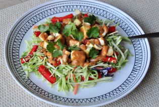 Broccoli Slaw Salad with Baked Tofu and Peanut Dressing