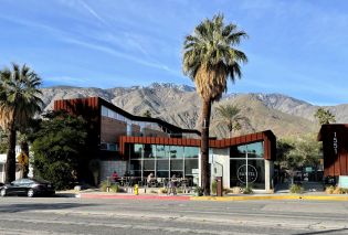 Modern building with palm trees and mountain in background