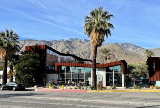 Modern building with palm trees and mountain in background