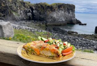 Chicken quiche with sea cliffs in the background