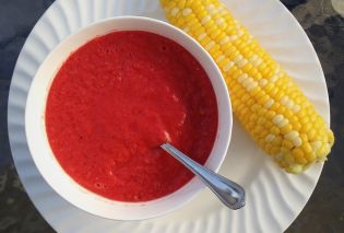 Cold Tomato Soup with Corn-on-the-Cob