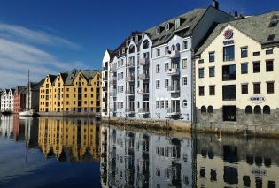 Colorful warehouses in the Alesund harbor