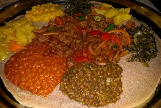 Ghebre's Restaurant Veggie Platter and Beef Tibs