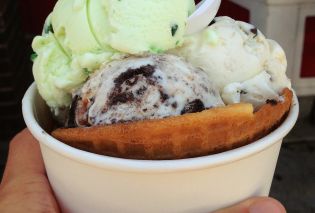 Waffle bowl with mini scoops of ice cream