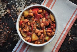 Top down view of bowl of Peruvian potato bean stew