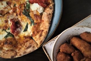 Pizza and cheese curds on a table, Cedar + Stone Urban Table, Mall of America