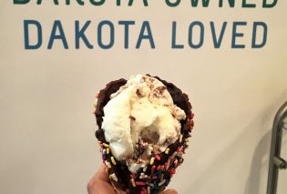 Presidential Sweet Ice Cream Cone with sign Silver Lining Creamery Fargo