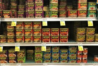 Shelves of Spam at grocery store in Hawaii