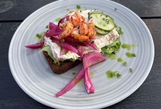 Slice of rye bread topped with salmon salad, pickled onions, cucumbers, and shrimp
