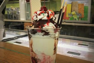 Ice cream sundae on counter at Paleterias Tropicana, Kansas City