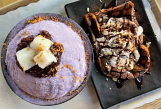 Bowl filled with shave ice covered in lavendar taro powder and a plate with a piece of toast drizzled with chocolate