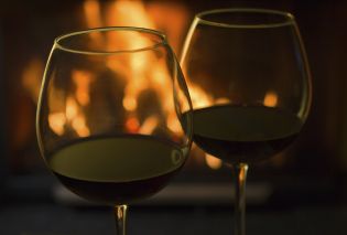 Wine glasses with fireplace 